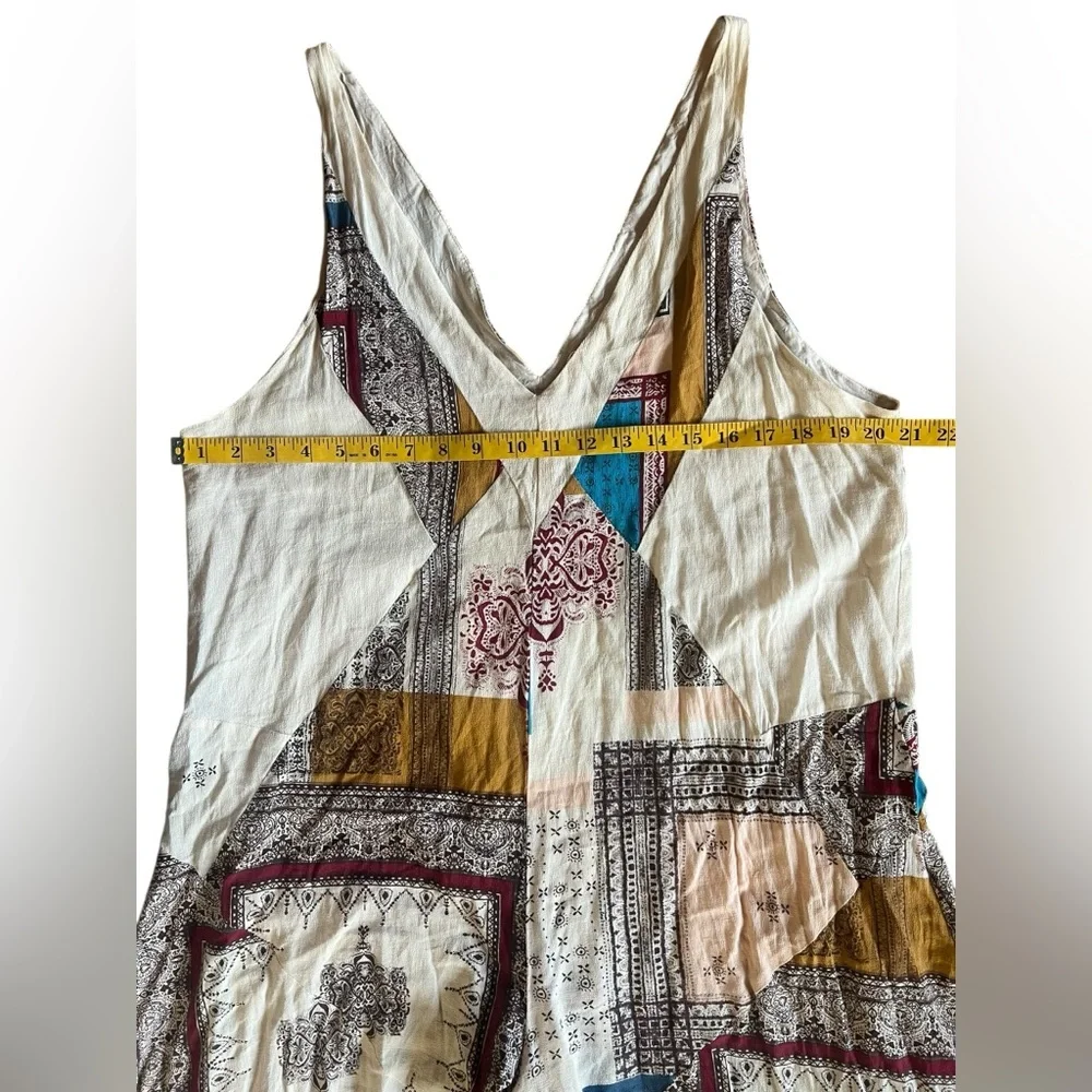 Free People Patchwork V-Neck Wide-Leg Jumpsuit in Cream, Blue, Mustard, Red - Picture 8 of 13